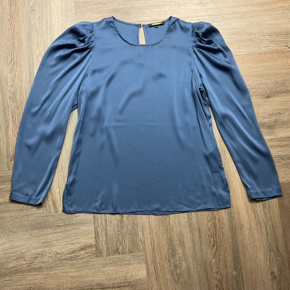 Kobi Halperin Blouse Womens Medium Blue Silk Satin Puff Sleeve Classy Old Money